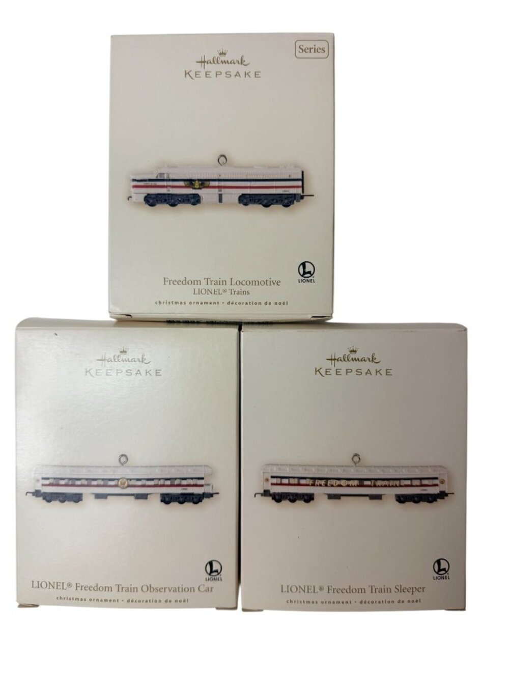 Set 3 Hallmark LIonel Freedom Train Locomotive Sleeper, Observation Car Lionel C